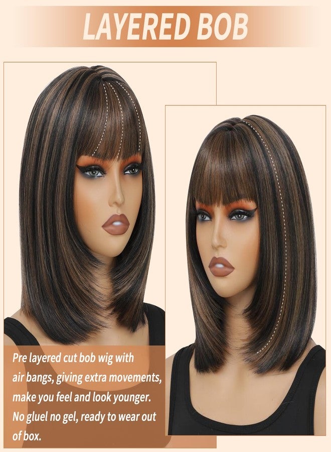 مِيلِيبْرُوتِيا شعر مستعار قصير بني اللون من ميليبروتيا للنساء ذوات البشرة السمراء، شعر مستعار بني فاتح متدرج مع غرة، طوله 14 بوصة، شعر مستعار مستقيم بدون غراء، مصنوع من مواد صناعية، مناسب للاستخدام اليومي والحفلات وأعياد الميلاد (14 بوصة). - Image 2